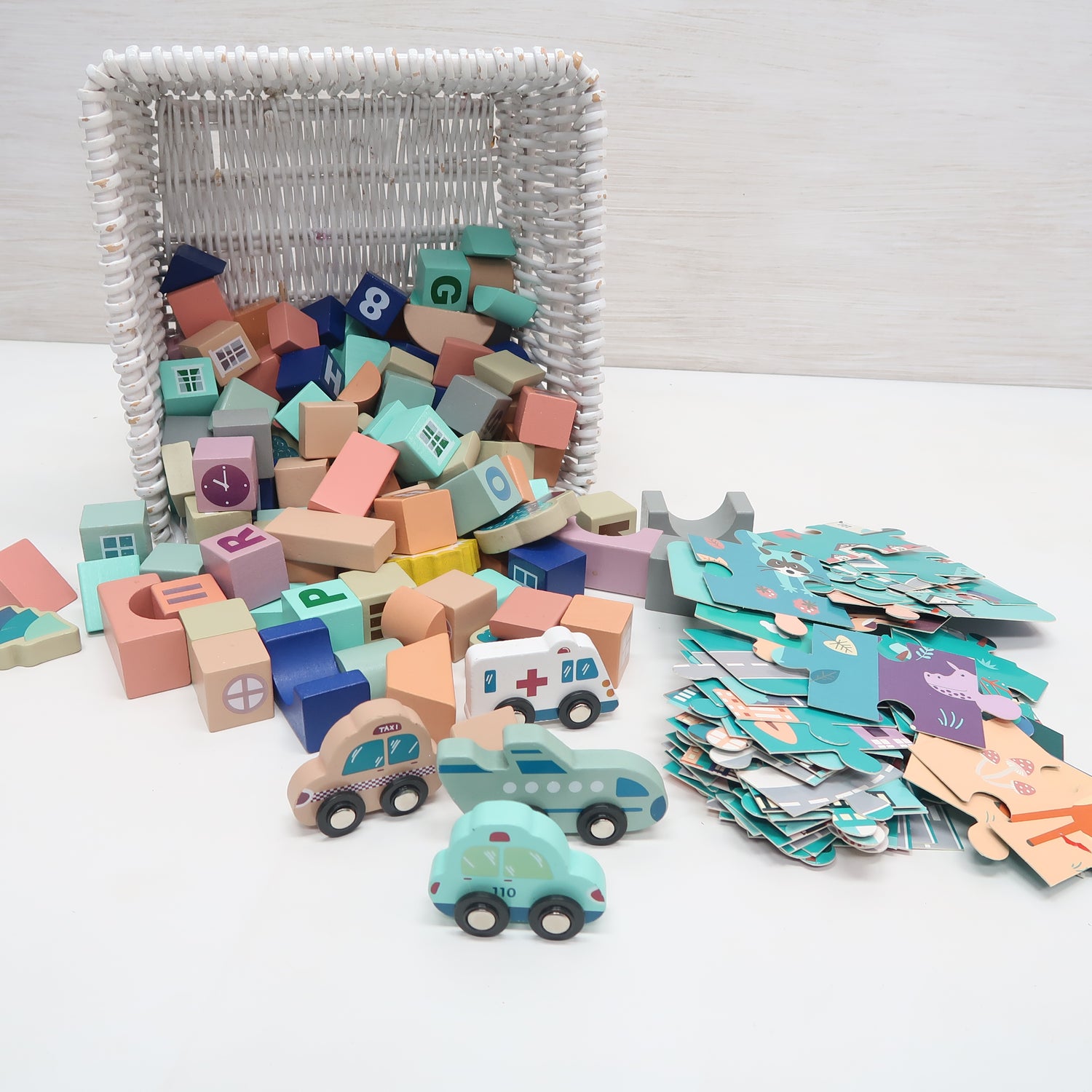 Wooden City with Cars &amp; Puzzle